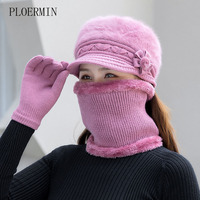 Marka jesień zima czapki czapki kobiety ciepła wełna eleganckie kwiaty dzianiny kapelusz zestaw szalików kobieta sierść królika wiatroszczelna aksamitna czapka 1